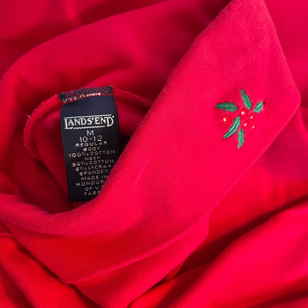 Lands’ End Holiday Turtleneck Vtg Women’s Sz M 10-12 Holly Leaves Pullover Red